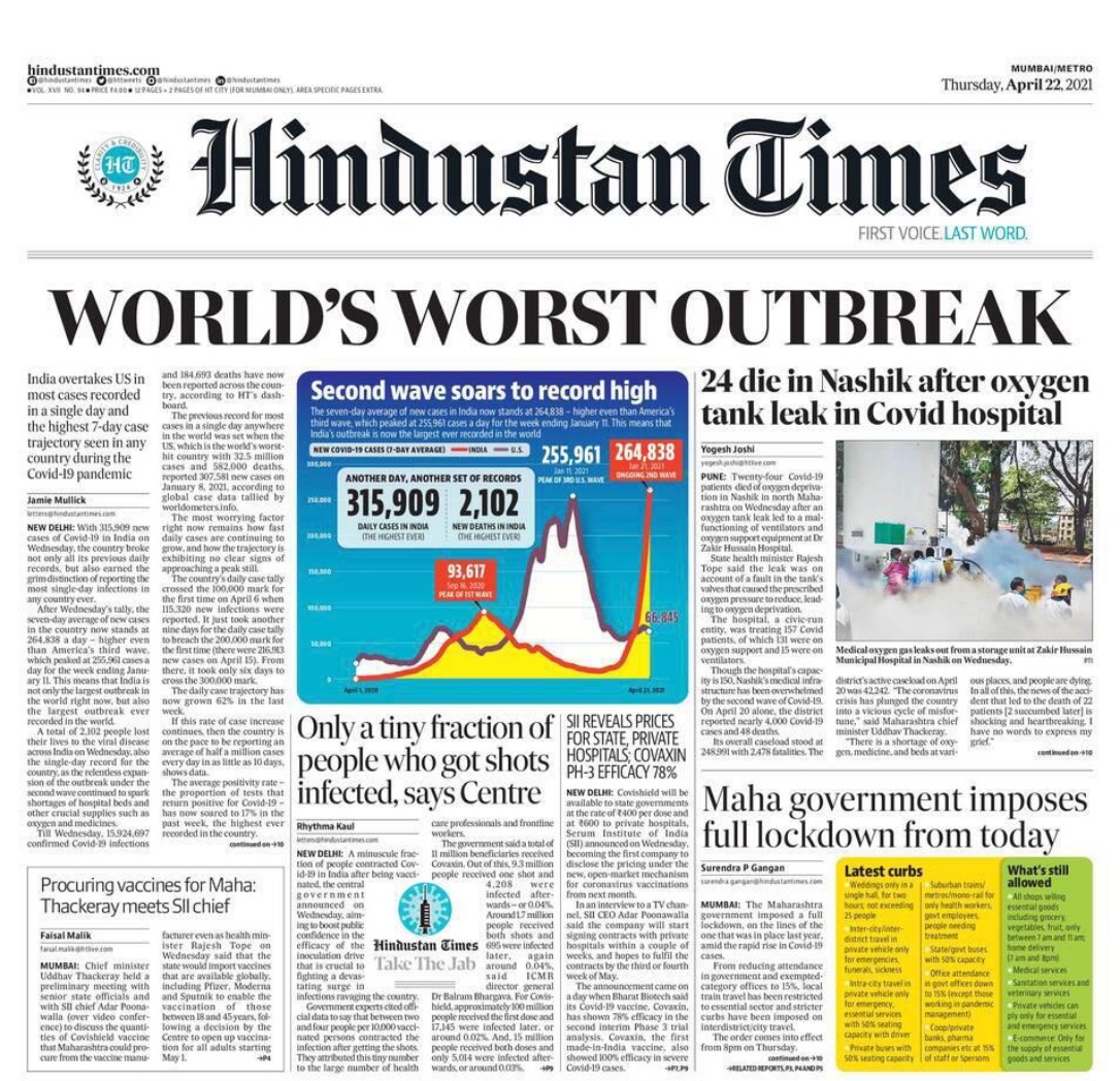 Hindustan Times Newspaper cover reads: World's Worst Outbreak